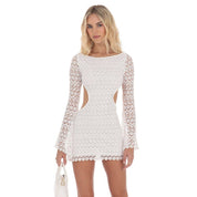 Floral Crochet Long Sleeve Dress in White