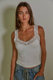 Knit Seamless Ribbed Tank Top with Lace Trim: White