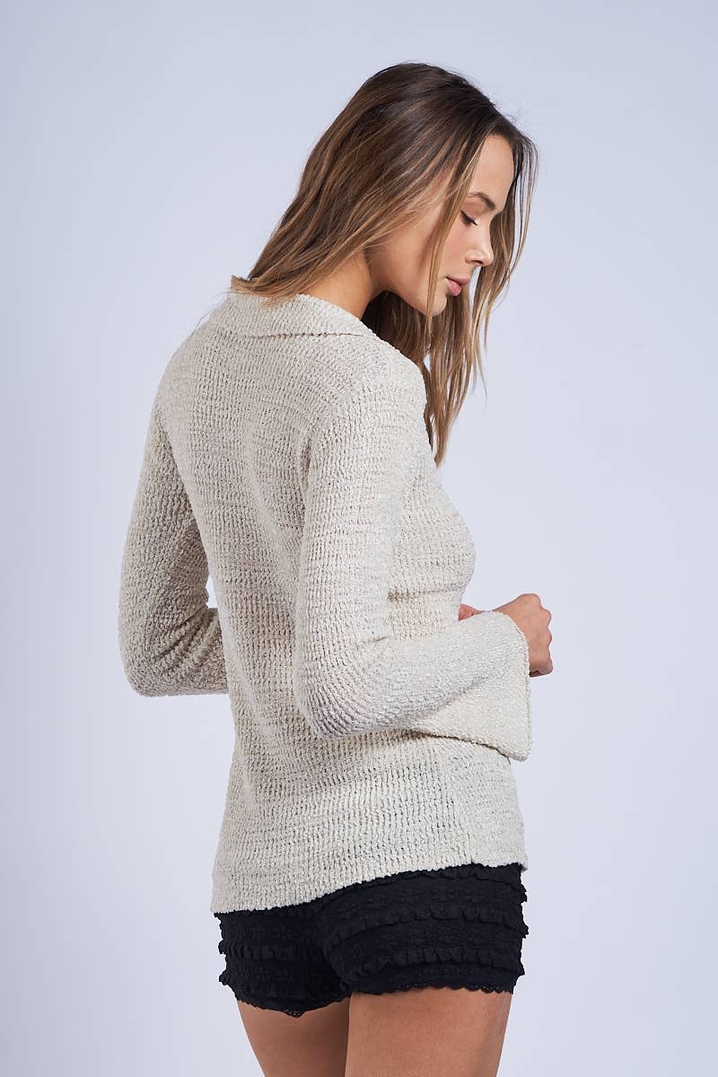 Collared Knit Sweater Cardigan in Sand