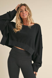 Waffle Knit Oversized Long Sleeve Top: Dark Chocolate