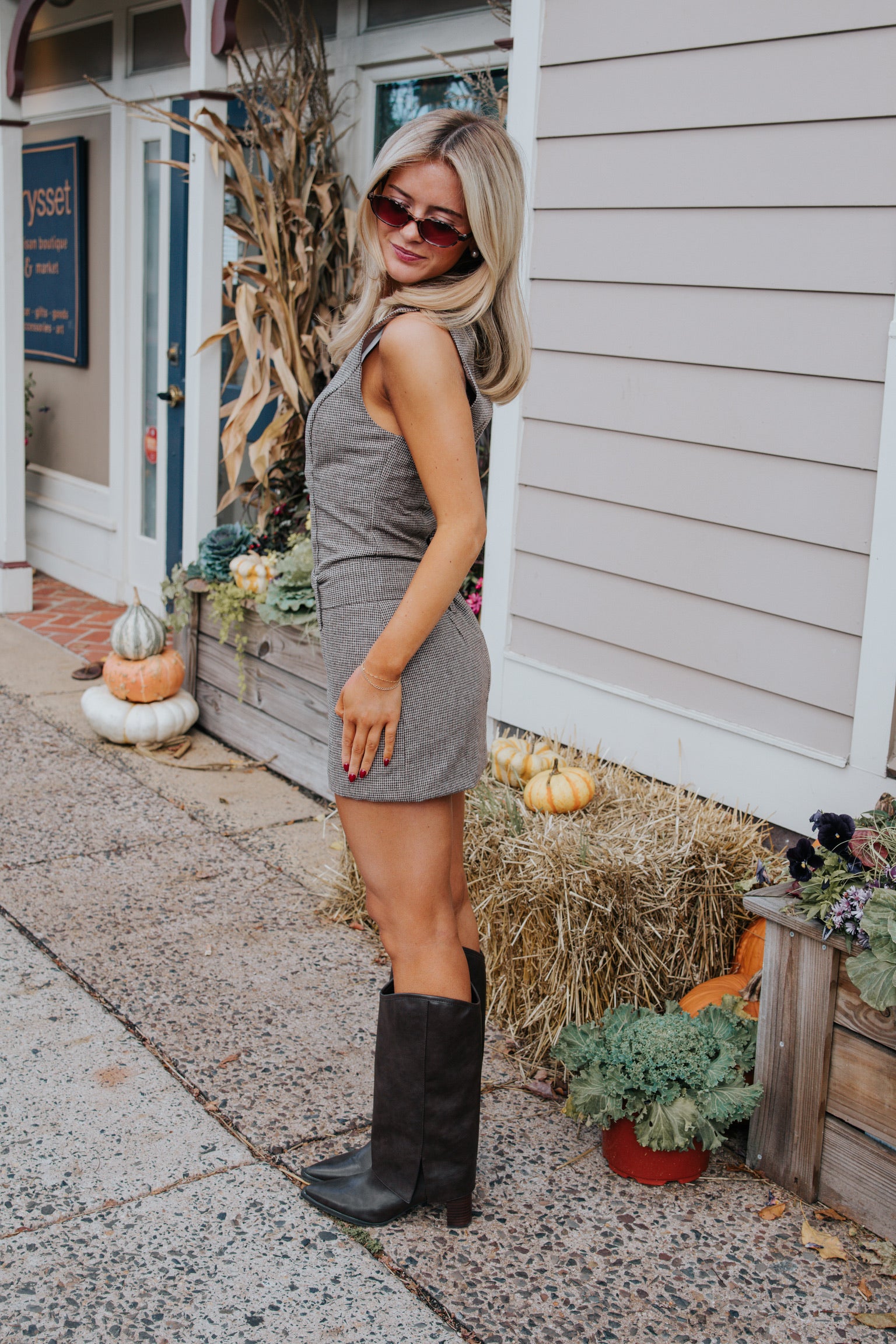 Drop Waist Houndstooth Mini Dress
