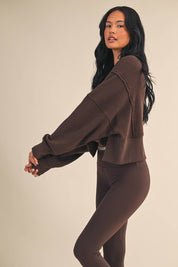 Waffle Knit Oversized Long Sleeve Top: Dark Chocolate