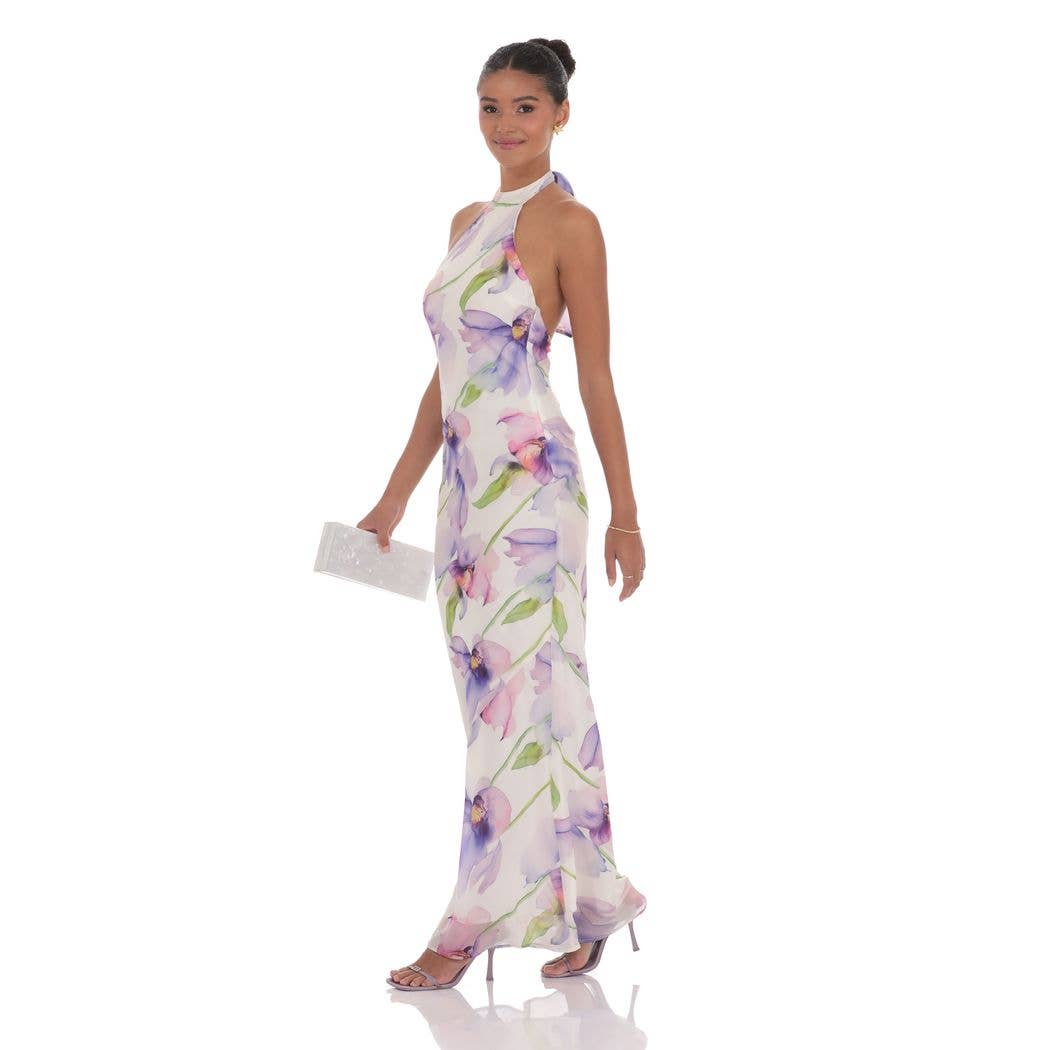 Floral Mock Neck Maxi Dress in Purple Multi
