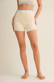 Ditsy Print Contrast Binding Biker Shorts: Lemon Ditsy / S