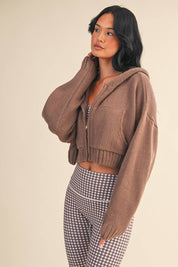 Knit Zip Up Hoodie Sweater: Brown