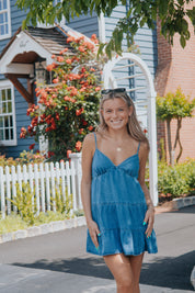 SPAGHETTI STRAP TIERED DENIM DRESS: DENIM