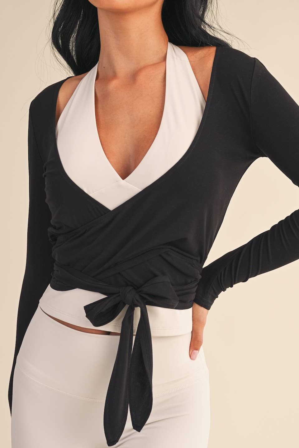 Long Sleeve V Neck Wrap Top: White