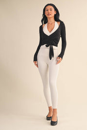 Long Sleeve V Neck Wrap Top: White