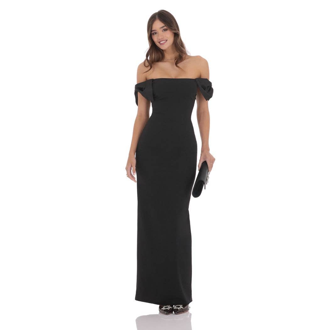 Off Shoulder Bow Sleeve Maxi Dress in Black
