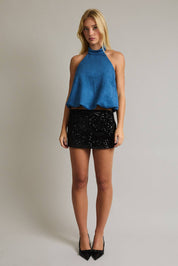 VELVET SEQUINS LOWRISE MICRO SKIRT in Black