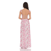 Lace Floral Ruffle Sleeve Maxi Dress in White/Pink