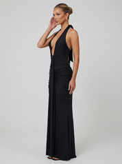 Ruched Plunge Halter Maxi Dress with Side Ruched Details: Brown