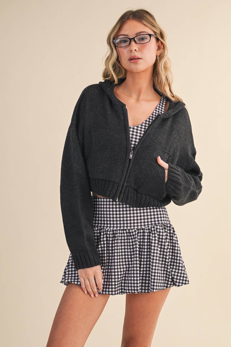 Knit Zip Up Hoodie Sweater: Brown