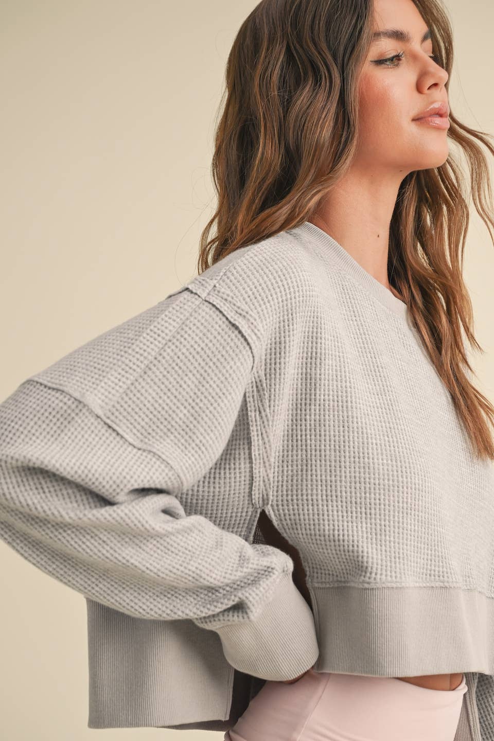 Waffle Knit Oversized Long Sleeve Top: Dark Chocolate