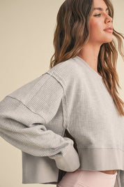 Waffle Knit Oversized Long Sleeve Top: Dark Chocolate