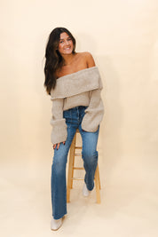 Off the Shoulder Button Back Sweater in Oatmeal