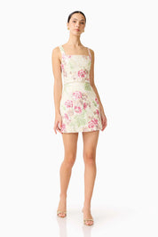 Greta Embroidered Mini Dress in Cream & Pink Floral