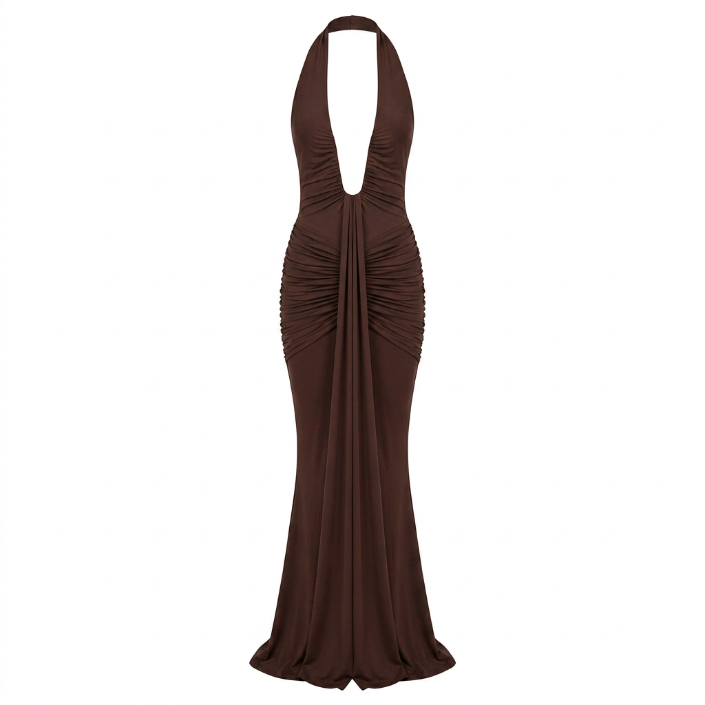 Ruched Plunge Halter Maxi Dress with Side Ruched Details: Brown