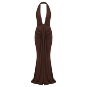 Ruched Plunge Halter Maxi Dress with Side Ruched Details: Brown