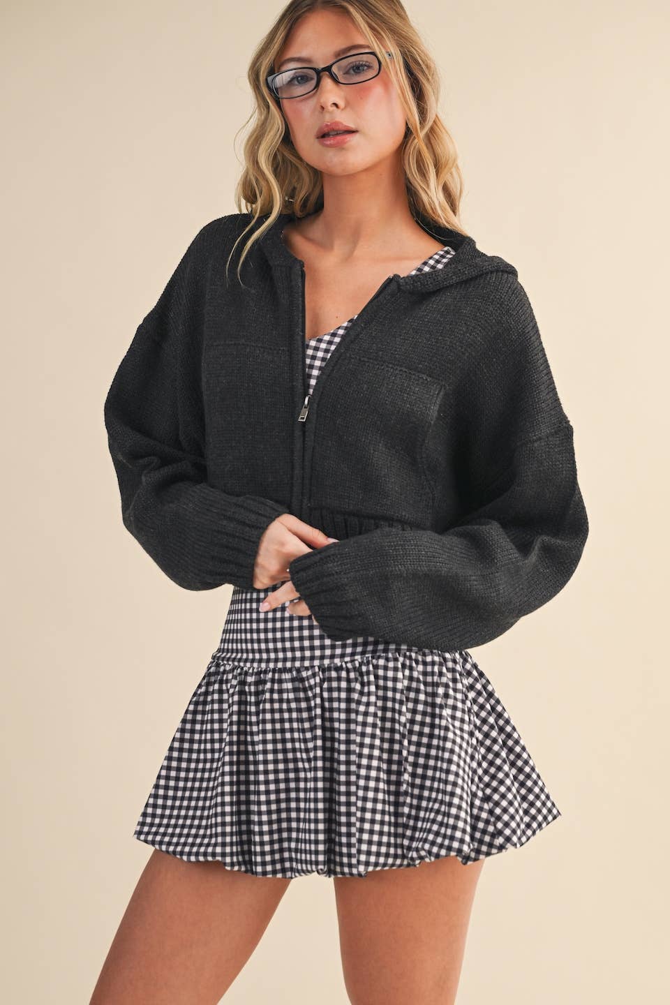 Knit Zip Up Hoodie Sweater Pink