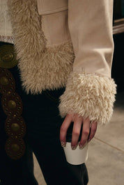 FAUX FUR TRIMMED SUEDE JACKET: Beige