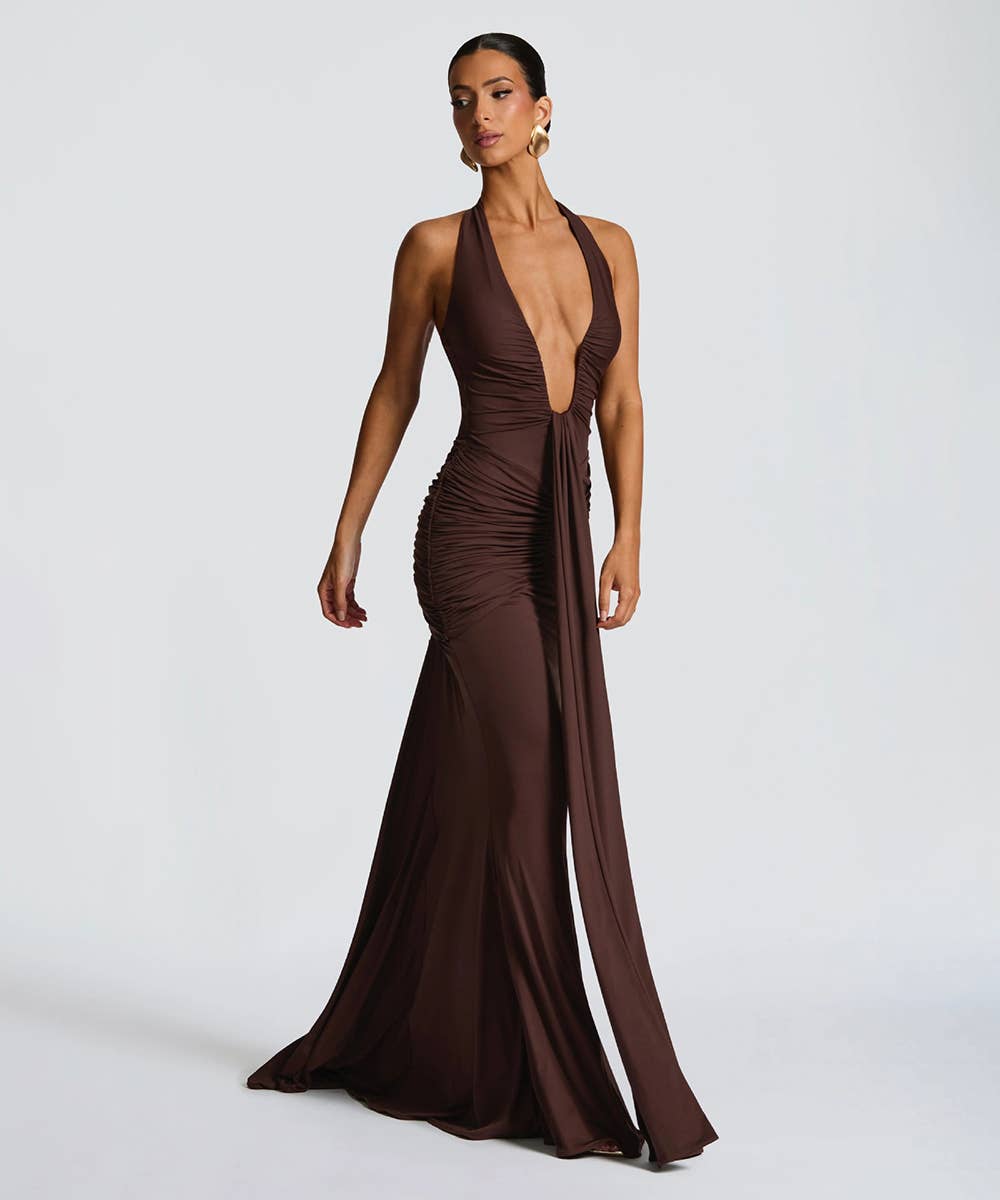 Ruched Plunge Halter Maxi Dress with Side Ruched Details: Brown