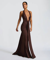 Ruched Plunge Halter Maxi Dress with Side Ruched Details: Brown