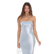 Strapless Satin Open Back Maxi Dress in Light Blue