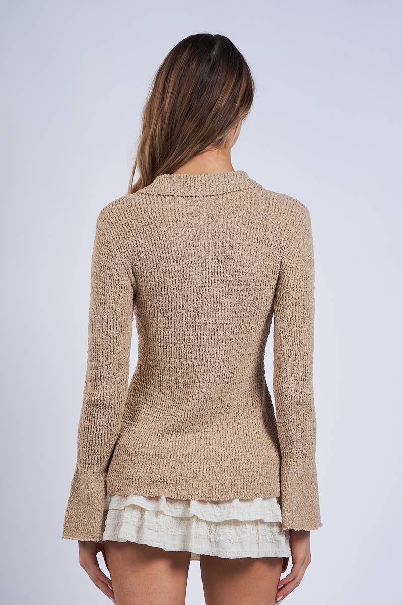Collared Knit Sweater Cardigan in Sand