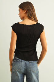 Cap Sleeve Crinkled Top in Black