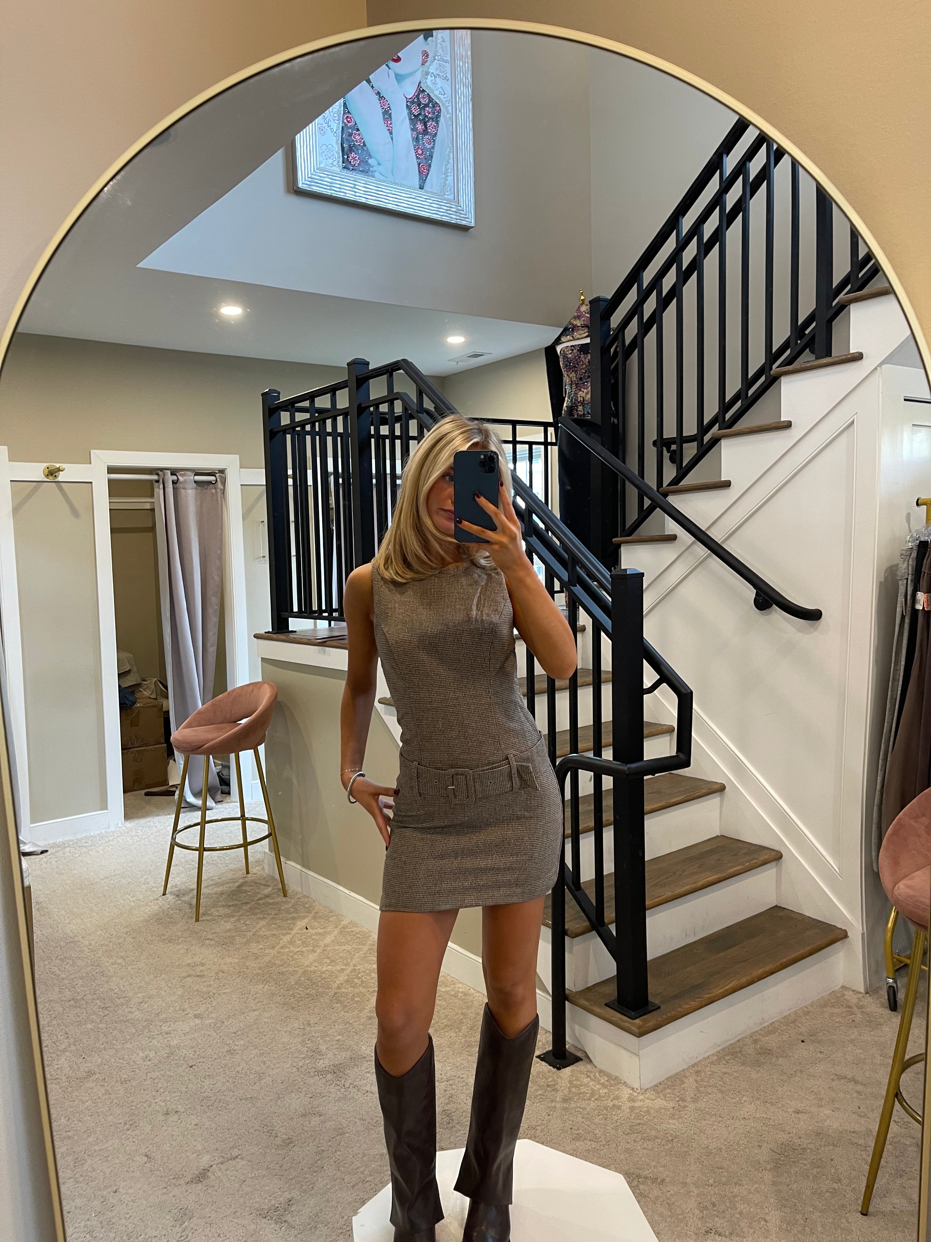Drop Waist Houndstooth Mini Dress