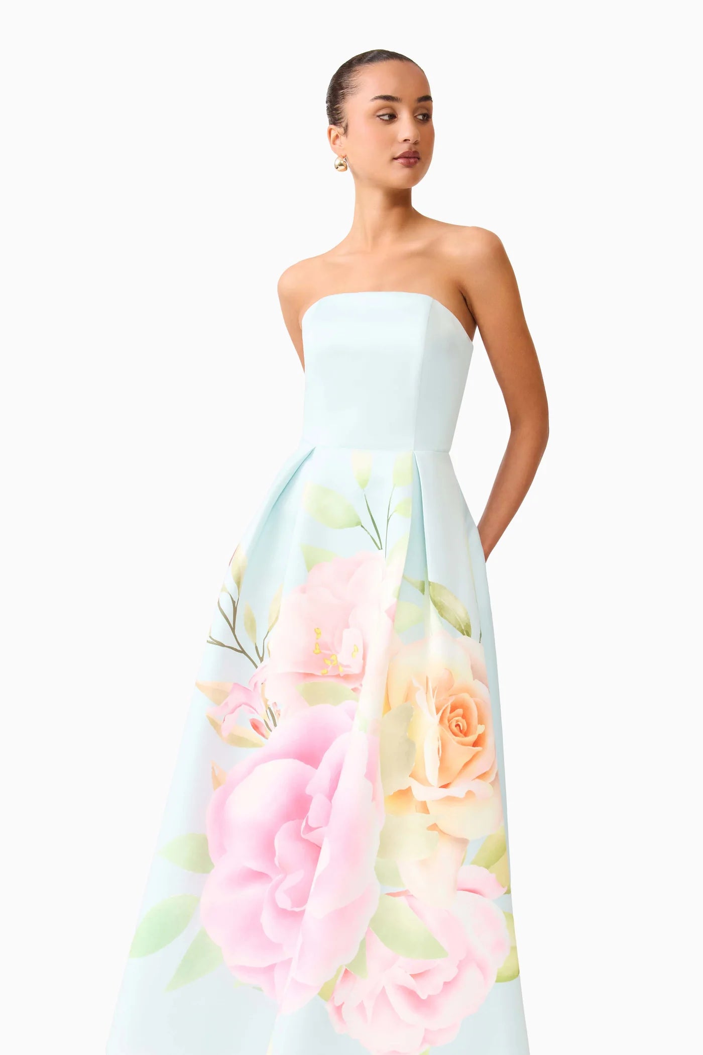 Harper Asymmetrical Gown in Baby Blue Floral by Elliatt