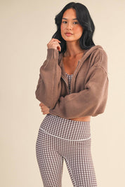 Knit Zip Up Hoodie Sweater: Brown