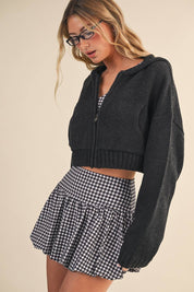 Knit Zip Up Hoodie Sweater: Brown