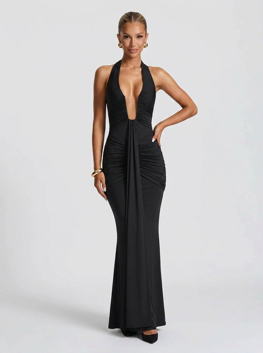 Ruched Plunge Halter Maxi Dress with Side Ruched Details: Brown