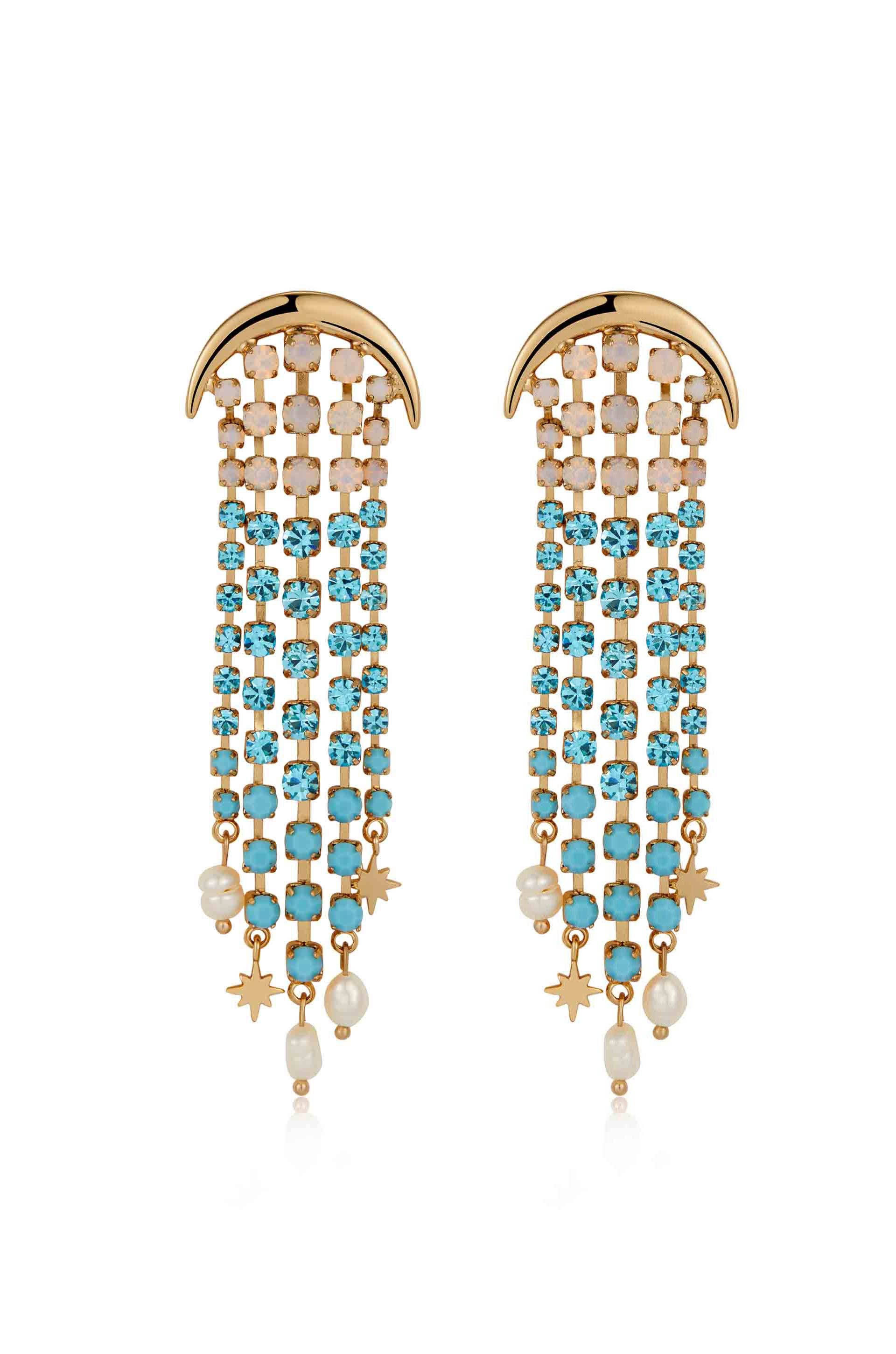 Aqua Galaxy Fringe Earrings: Aqua Crystal with 18k Gold Plating