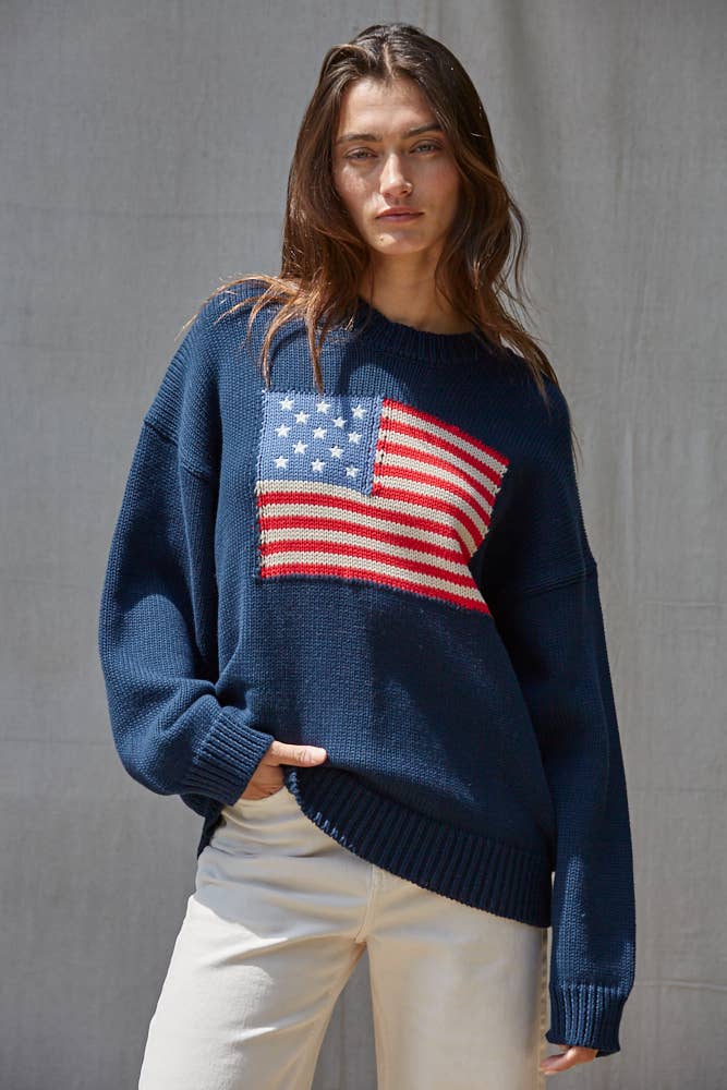 Slouchy Knit Sweater American Flag Pullover Top: Navy