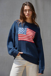 Slouchy Knit Sweater American Flag Pullover Top: Navy
