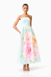 Harper Asymmetrical Gown in Baby Blue Floral by Elliatt