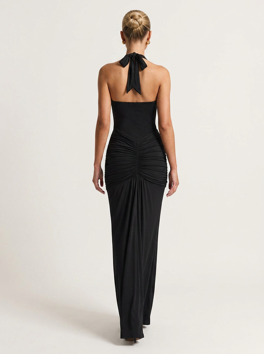 Ruched Plunge Halter Maxi Dress with Side Ruched Details: Brown