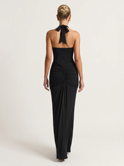 Ruched Plunge Halter Maxi Dress with Side Ruched Details: Brown
