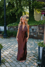 Polka Dot Halter Satin Maxi in Coffee Brown