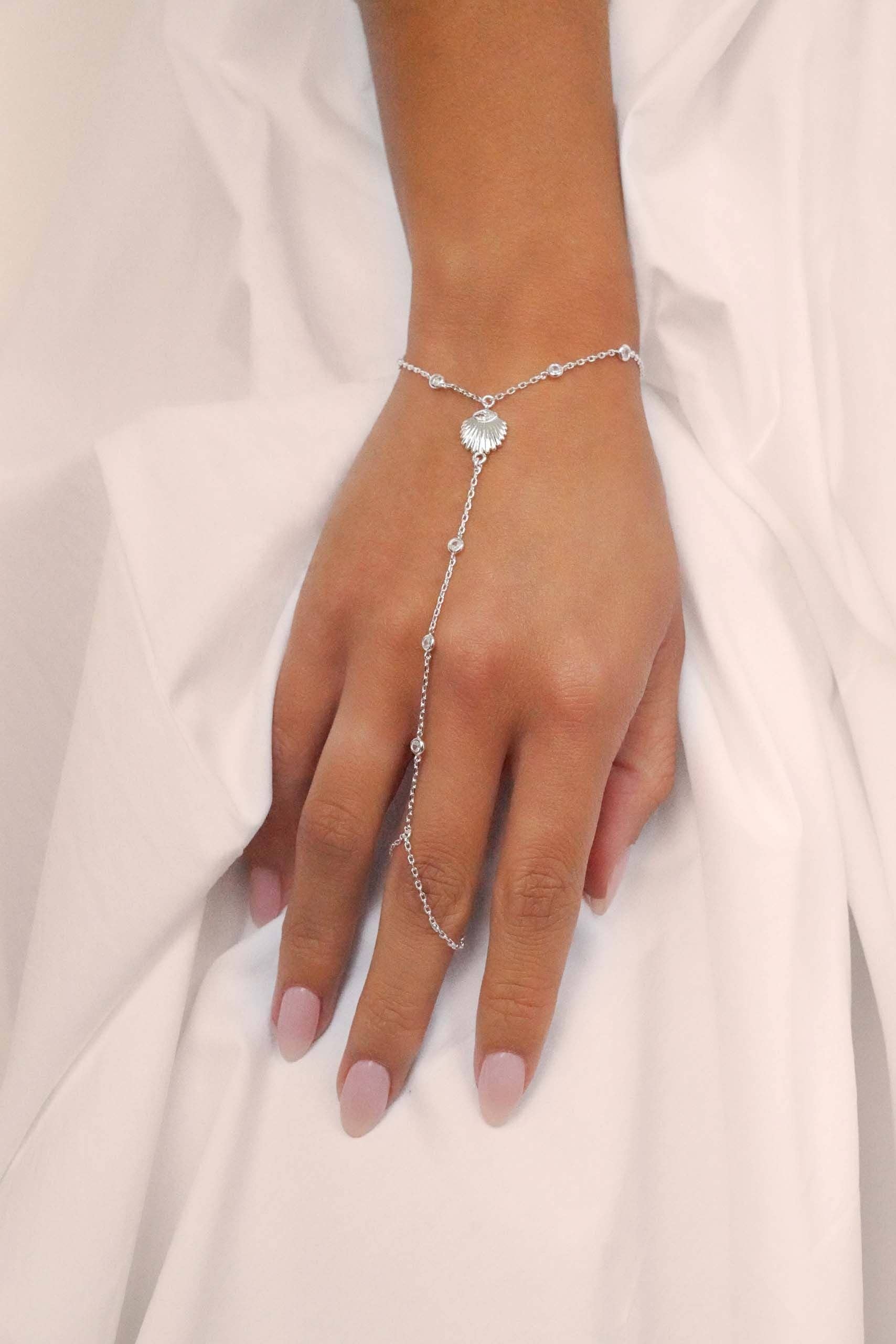 Santorini Shell Hand Chain: Clear Crystal with Silver Plating / One Size
