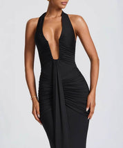 Ruched Plunge Halter Maxi Dress with Side Ruched Details: Brown