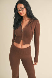 Slim Fit Zip Up Knit Sweater Hoodie: Chocolate