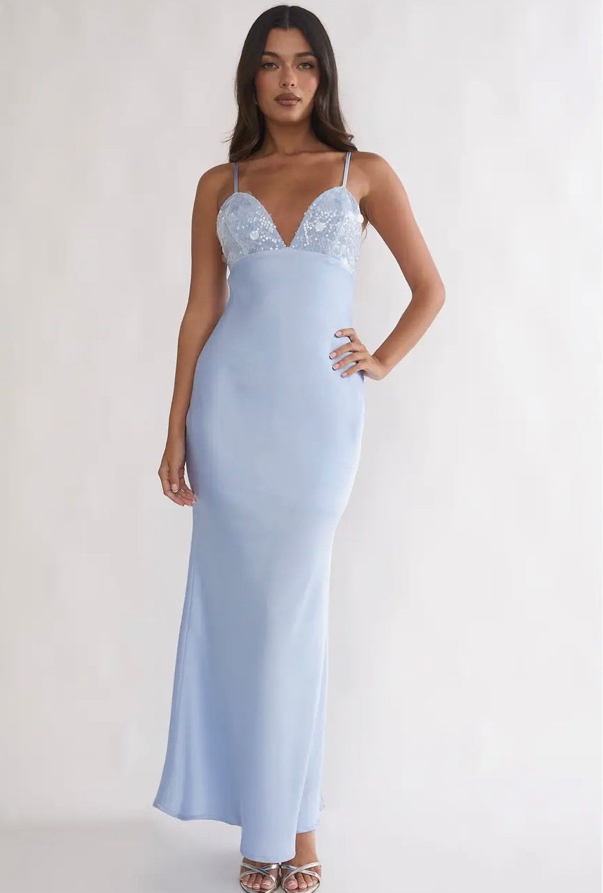 Deep Sequin Maxi Dress in Baby Blue