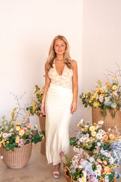 LINA HALTER DRAPED MAXI DRESS - LEMON
