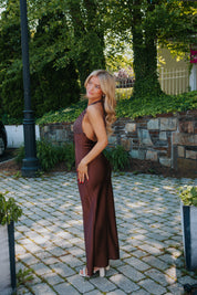 Polka Dot Halter Satin Maxi in Coffee Brown