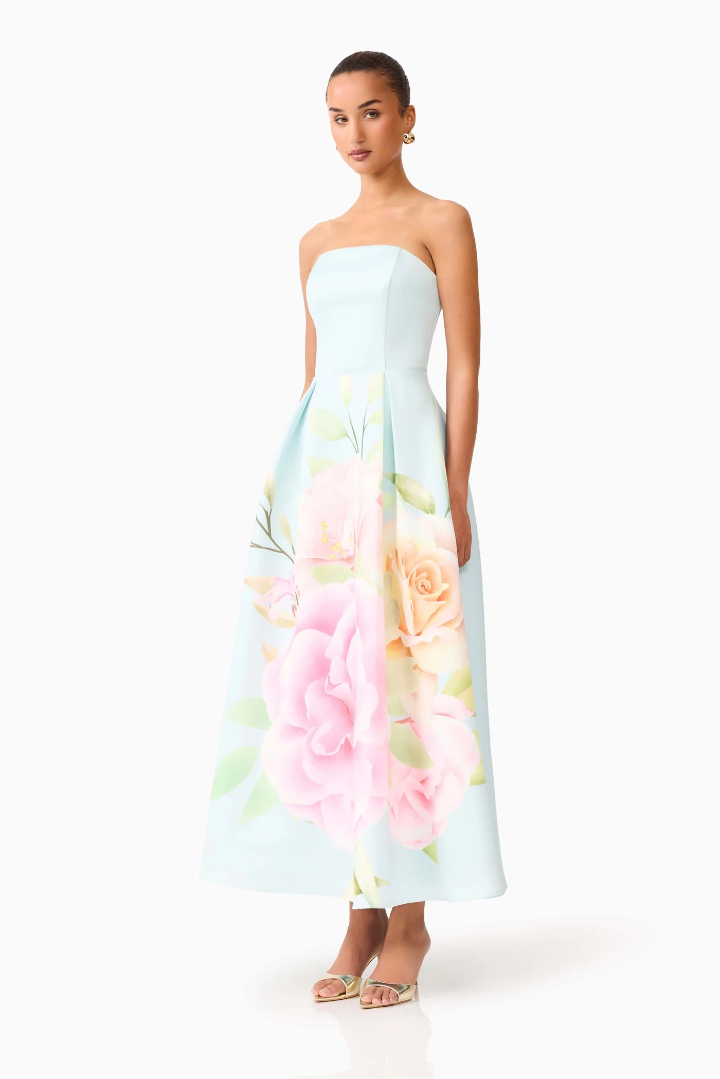 Harper Asymmetrical Gown in Baby Blue Floral by Elliatt