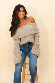 Off the Shoulder Button Back Sweater in Oatmeal